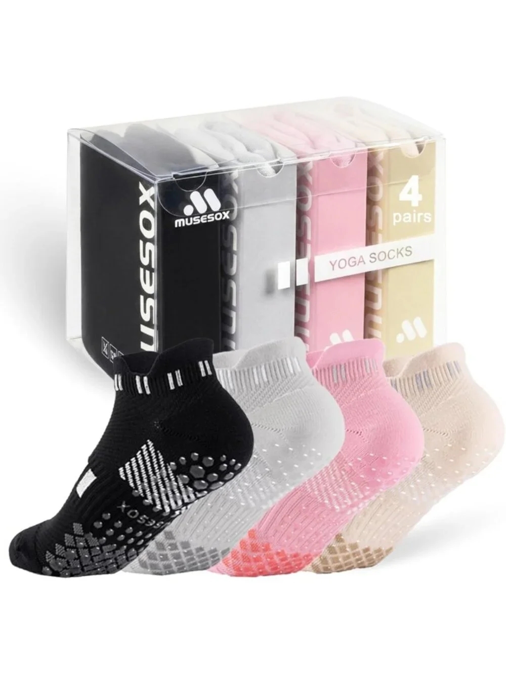4 Pairs Non-Slip Grippy Ankle Socks for Yoga, Pilates, Barre & Dance